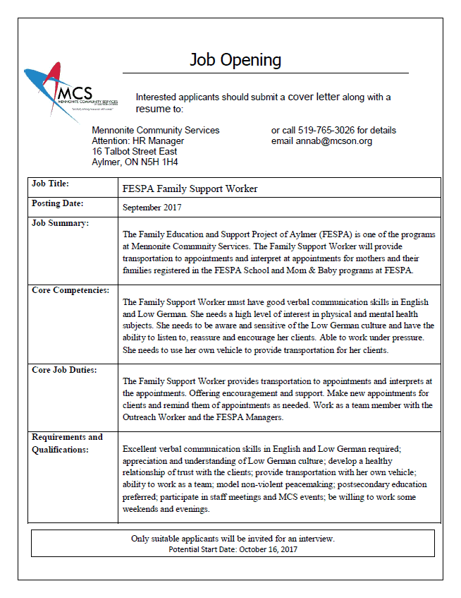 cover letter for community support worker position